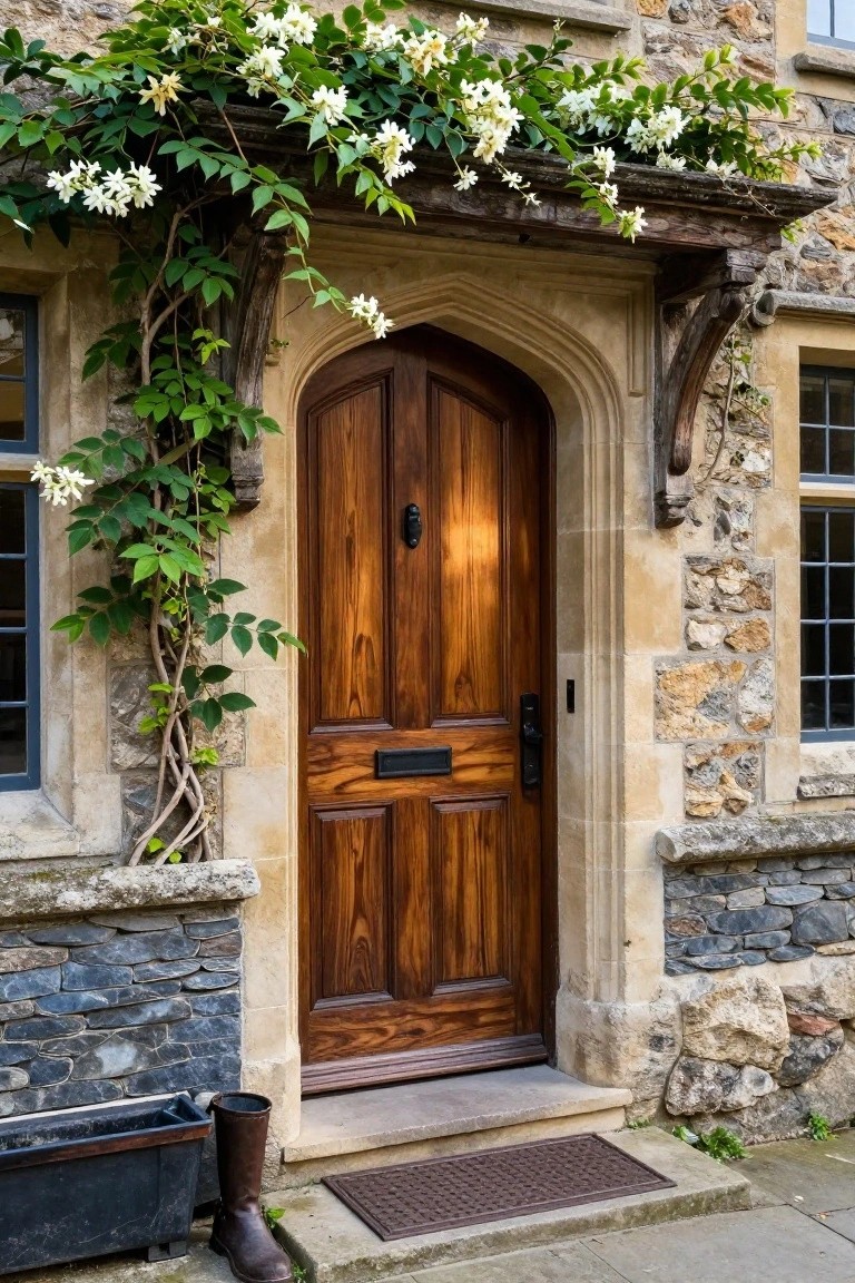 Stone house entrance with dark wooden arched door, black door knocker and letterbox, surrounded by green climbing vines with clusters of white flowers draping over wooden porch beams, a tall brown boot and black planter on the step.