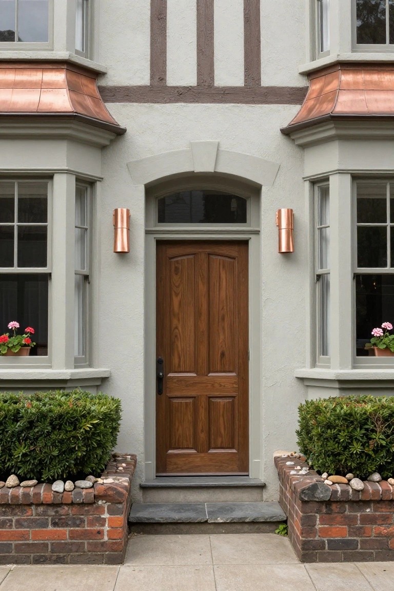 Gray stucco Tudor-style house facade with dark half-timbering, copper bay window roofs and lanterns flanking a paneled wood front door, boxwood shrubs in brick planters, and a stone entry step.