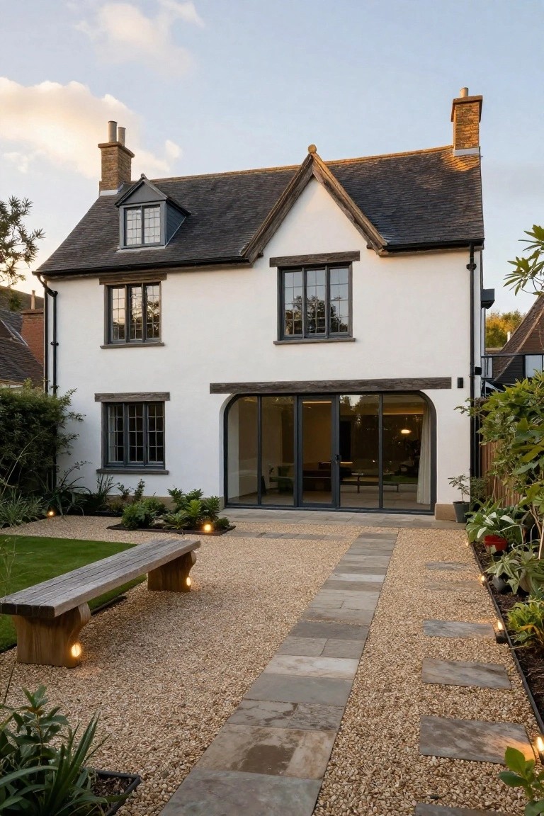 Rear view of a white Tudor-style house with dark timber framing, steep black roof, two chimneys, multiple dark-framed windows, a large curved black-framed glass sliding door, gravel yard with stone path and wooden bench, plants, and low garden lights at dusk.