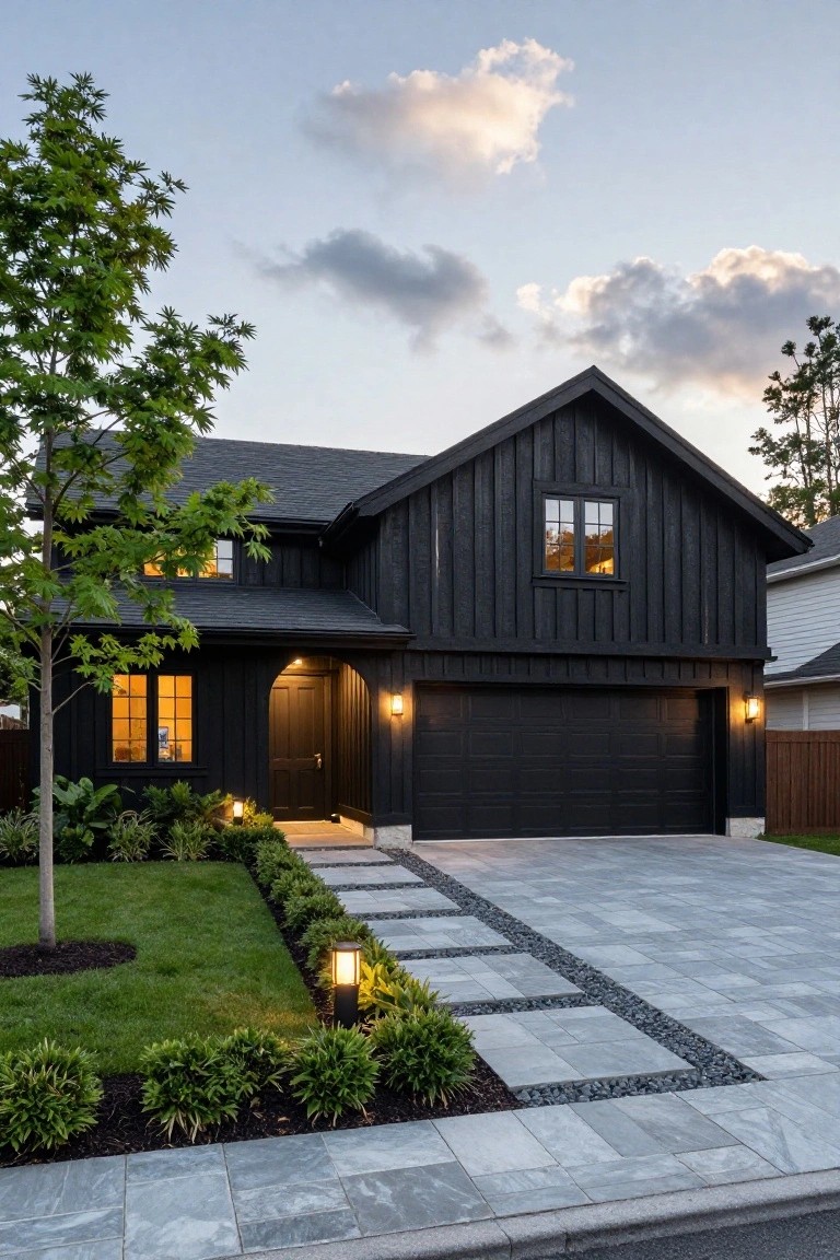Black board-and-batten sided house with gabled roof, black double garage door, arched front entry, warm lit windows, gray paver driveway with pebble strips, landscaped front yard with grass, shrubs, and a tree under partly cloudy sky at dusk.