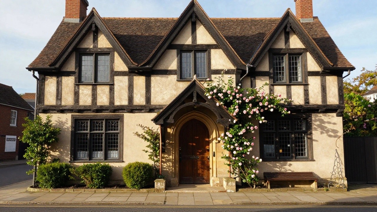 Tudor-style house facade with black half-timbering on beige stucco walls, central arched stone porch with wooden door, pink rose bushes flanking the entry, wooden benches on stone bases, and a cross on the gable under a blue sky.