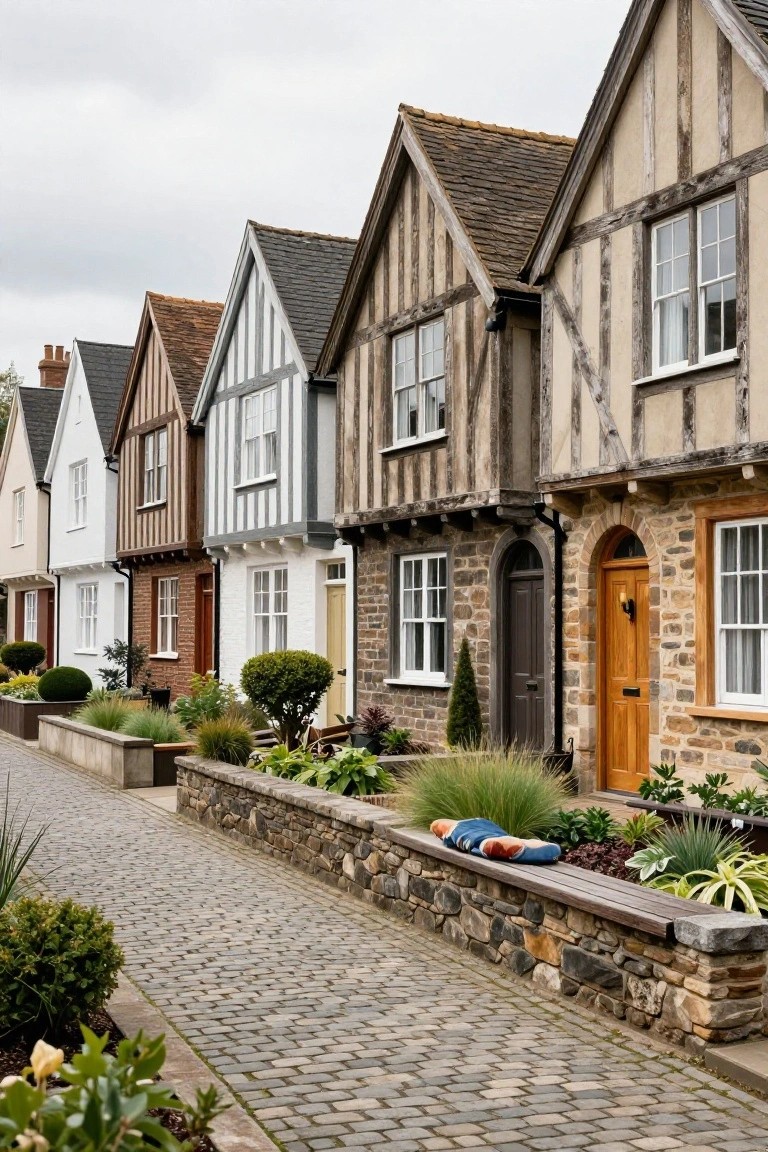 Row of half-timbered Tudor-style houses in white, beige, gray, and brown plaster with dark wooden beams and varied rooflines, fronted by a low stone wall with wooden bench, grasses, and plants along a cobblestone path.