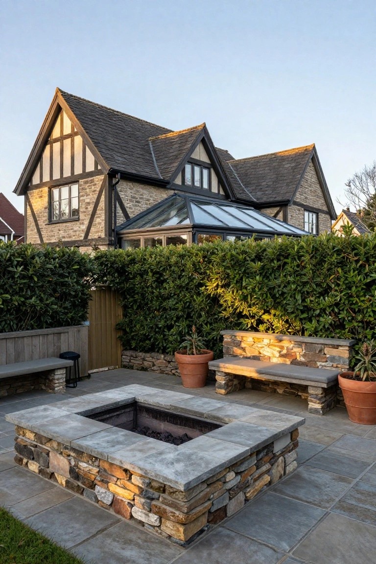 Paved patio with central rectangular stone fire pit surrounded by built-in stone benches, large terracotta pots with plants, and tall green hedges, beside a Tudor-style house with timber framing and slate roof.