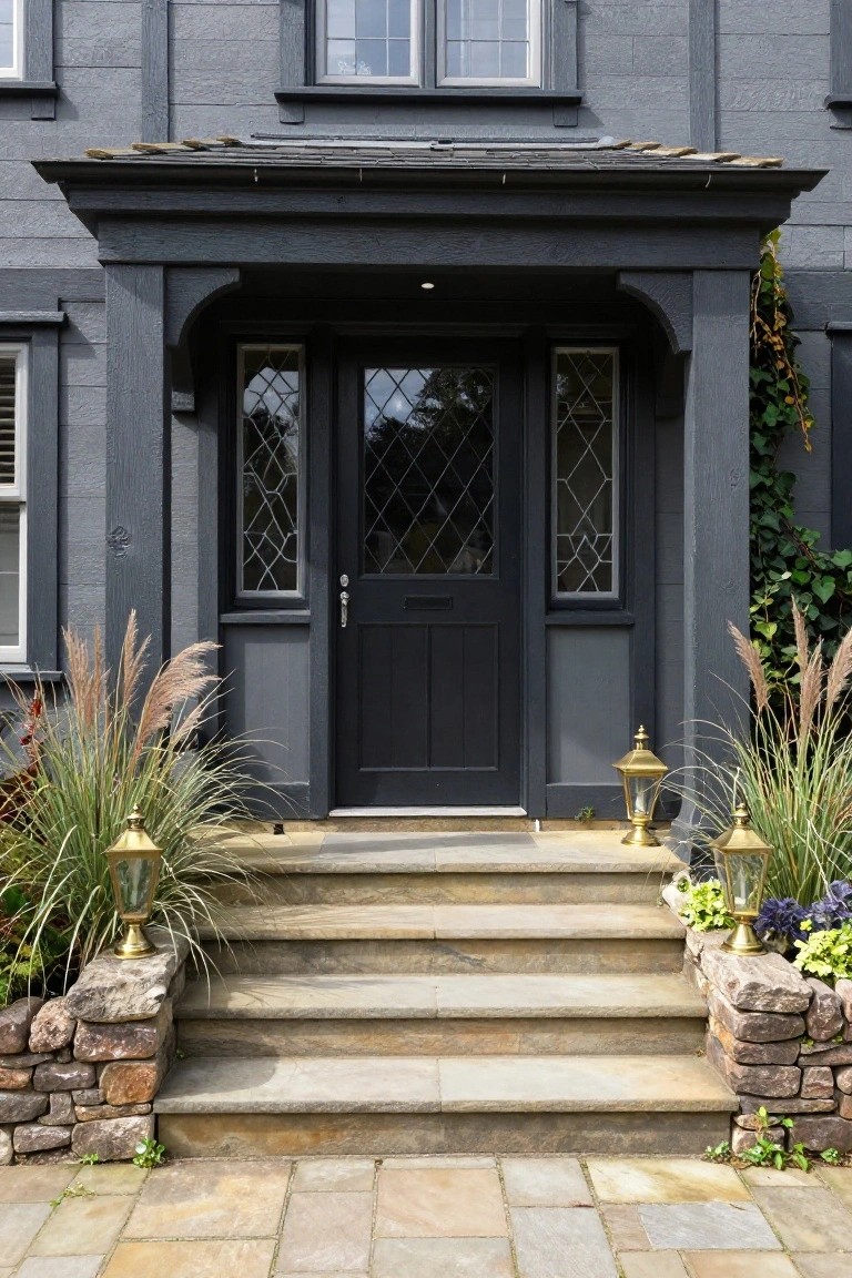 Gray shingled house facade with dark wood porch, central black door with brass knocker, flanking leaded glass panels, gold lanterns, pampas grass, and stone steps.