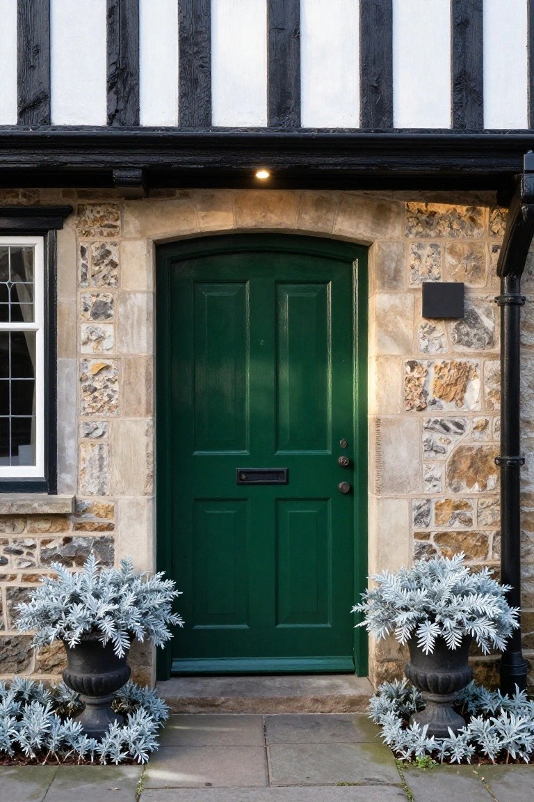 Tudor-style house facade with black-and-white half-timbering, stone walls, arched green wooden front door, black letterbox and doorknob, flanked by two black urn planters with silvery foliage on stone pavers.