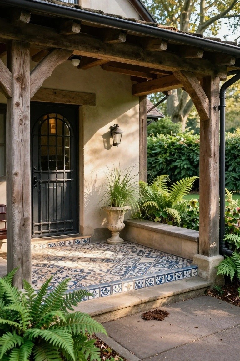 Covered porch with patterned tile floor, dark arched door, and potted plants.