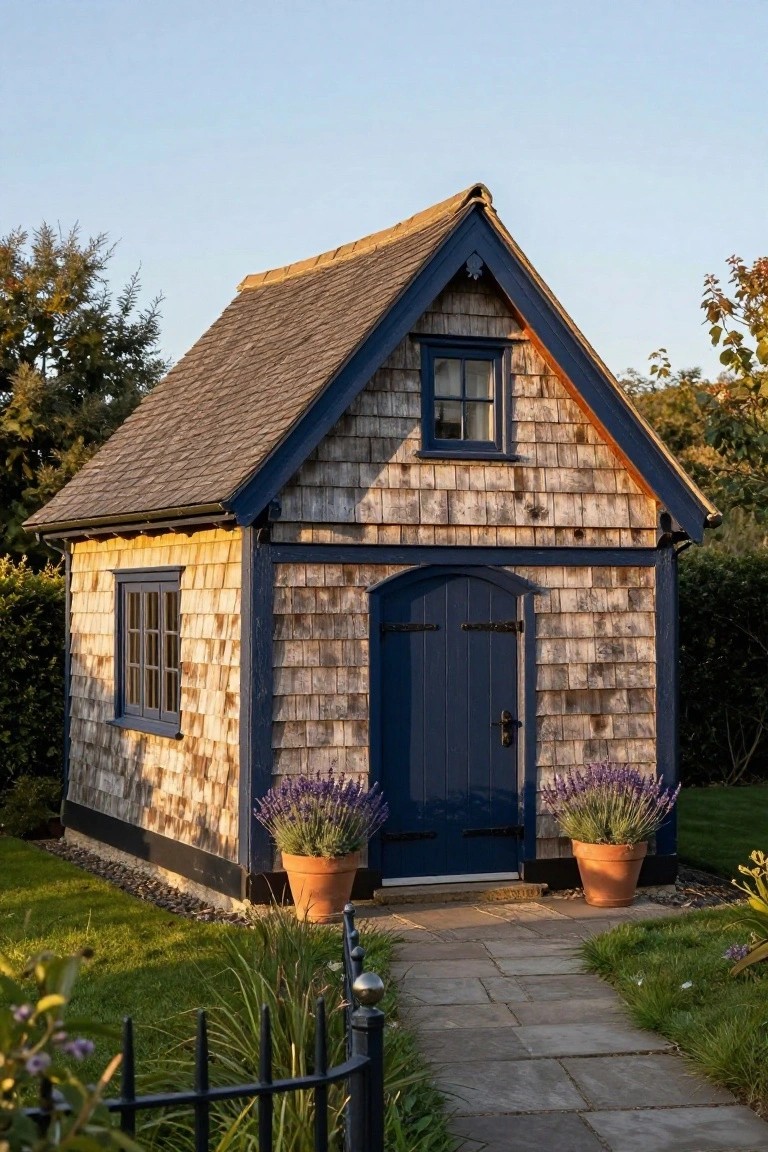 Small gabled garden shed clad in horizontal cedar shingles with navy blue window and arched door frames, flanked by two terracotta pots of purple lavender on either side of a stone pathway in a grassy yard with plants and a black metal fence.
