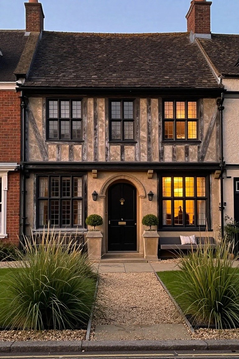 Tudor-style end-terrace house with black timber framing on pale stucco walls, arched black front door flanked by lanterns and boxwood topiaries on pedestals, gravel path edged by tall ornamental grasses, warm interior lights visible through leaded windows at dusk.