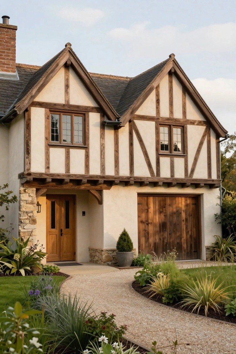 A two-story Tudor house exterior with dark exposed timber beams on light stucco walls, gabled slate roof, wooden garage door, double front door with stone surround, and gravel path edged by plants and grass.