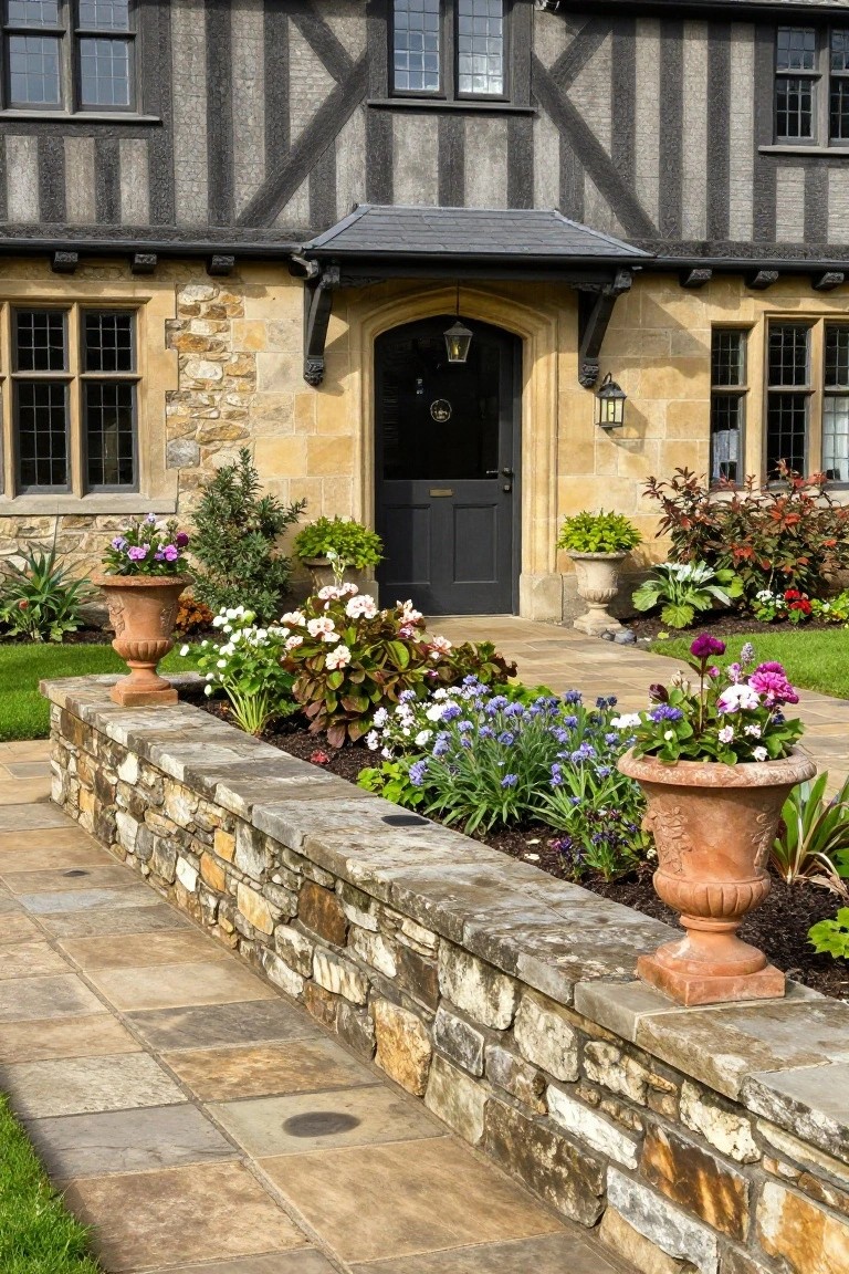 Tudor-style house with black front door under stone-arched porch, approached by paved path next to low stone wall edged with flower beds, shrubs, and terracotta pots.