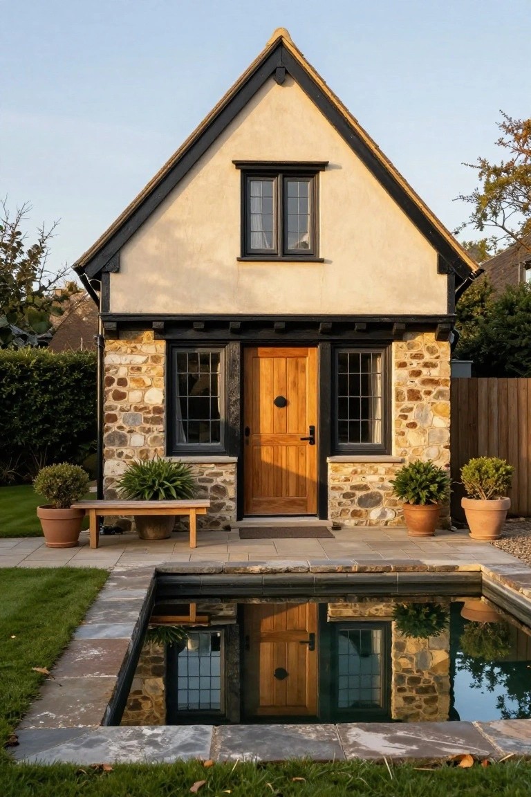 A small gabled Tudor-style cottage with black timber framing on cream plaster walls, stone base, leaded glass windows, wooden front door, potted plants nearby, wooden bench, and reflection in an adjacent rectangular pool surrounded by lawn and hedges.