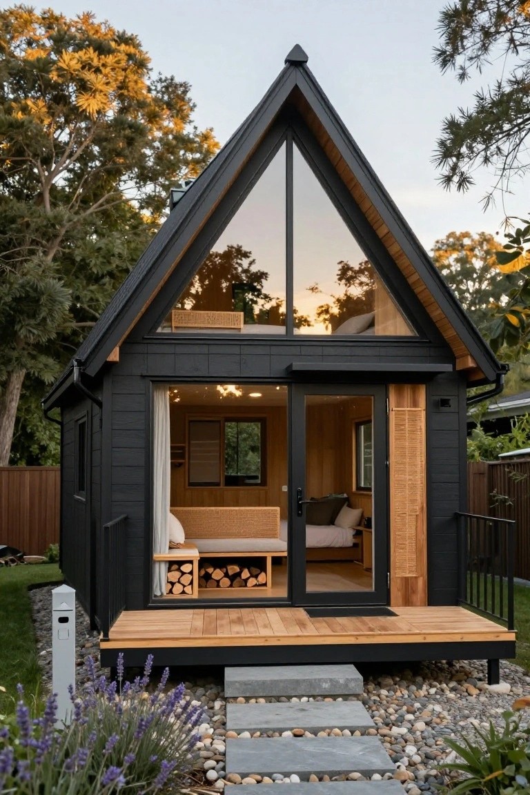 Small black A-frame prefab tiny house with large triangular front window, open glass entry doors, wooden deck, firewood storage, and lavender plants in a garden setting with trees and fence.