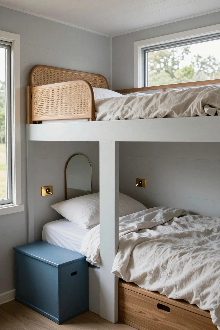 Bunk bed setup in a light gray interior with white frame, rattan headboard on top bunk, lower bed with linens and pillows, gold wall sconces, arched mirror, blue storage box, and wooden under-bed drawer.