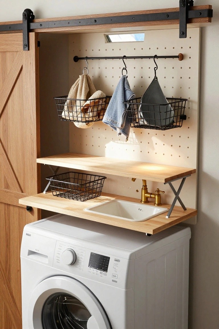 White front-loading washer beside a beige pegboard wall with hooks holding towels and bags, wire baskets, a fold-down wooden shelf with white sink and gold faucet above the washer, and an open wooden barn door.