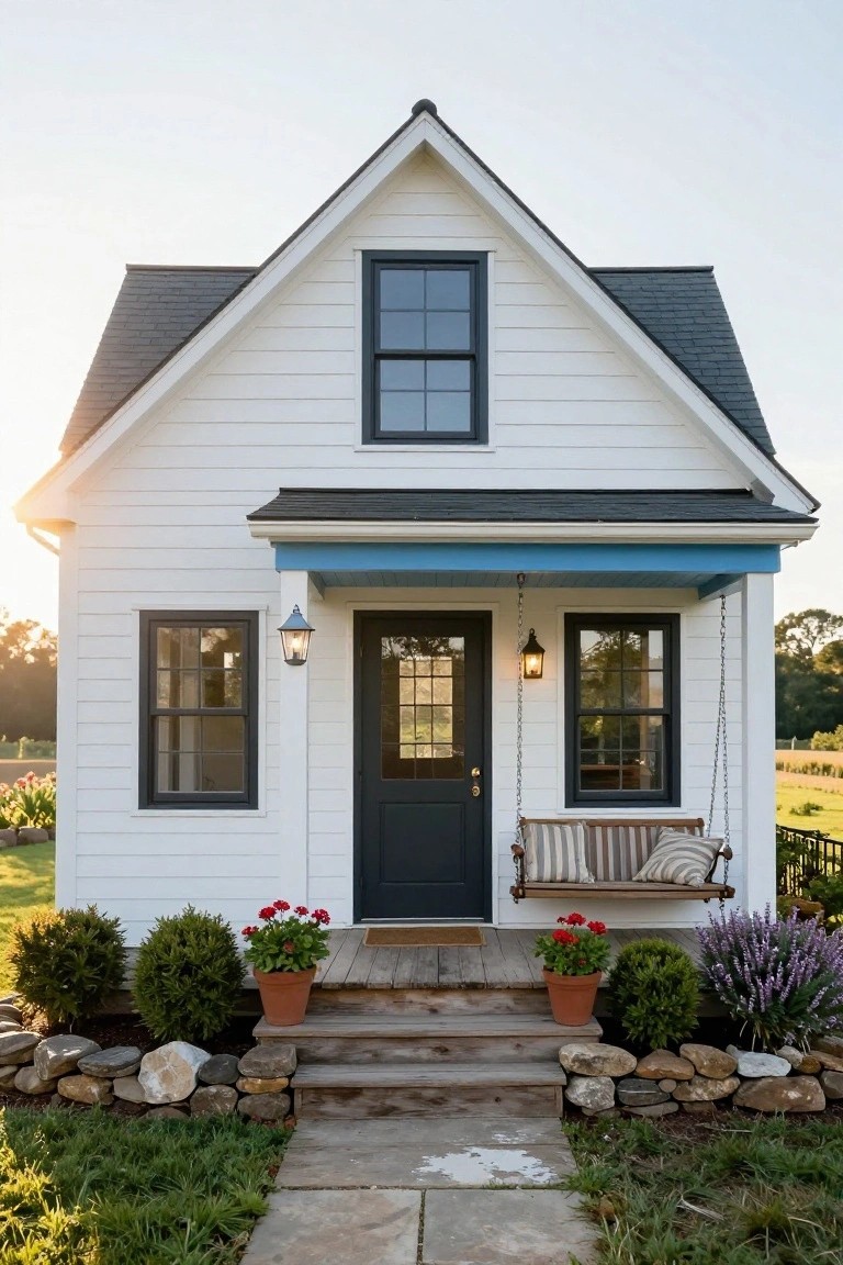 Small white clapboard tiny house with gabled roof, covered front porch with hanging swing, dark wood door, black-framed windows, blue porch trim, potted plants, stone edging, and stone pathway.