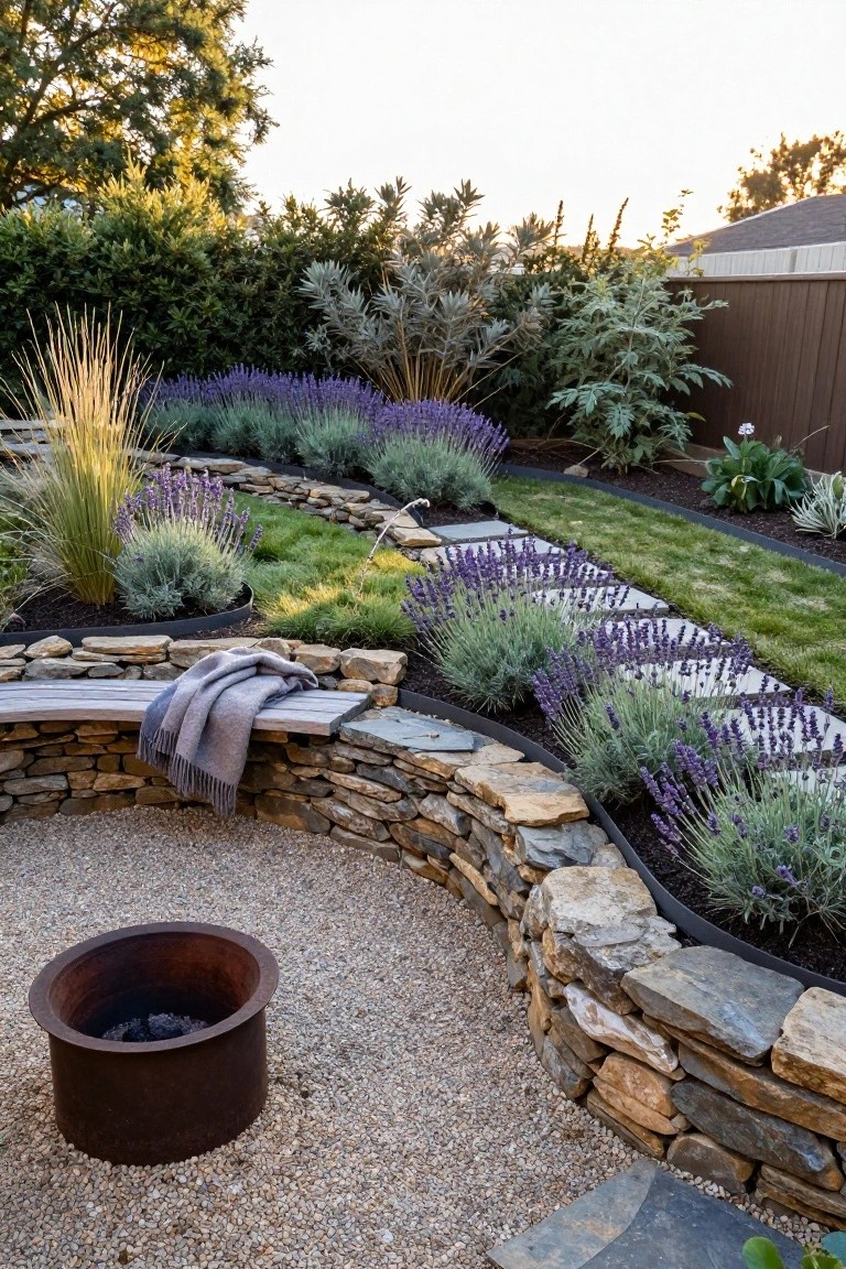 Backyard gravel patio with central rusted metal fire pit encircled by curved dry-stacked stone wall supporting wooden bench with gray blanket, surrounded by lavender plants, ornamental grasses, stepping stone path, and fence in background.