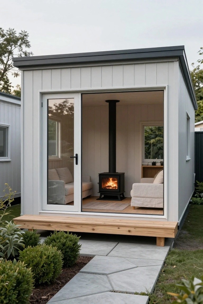 Small prefab cabin with white vertical board siding, dark gray roof, and open floor-to-ceiling glass sliding door revealing interior with lit wood stove, sofas, and wooden flooring, positioned on a raised wooden deck next to hexagonal paver path and shrubs.