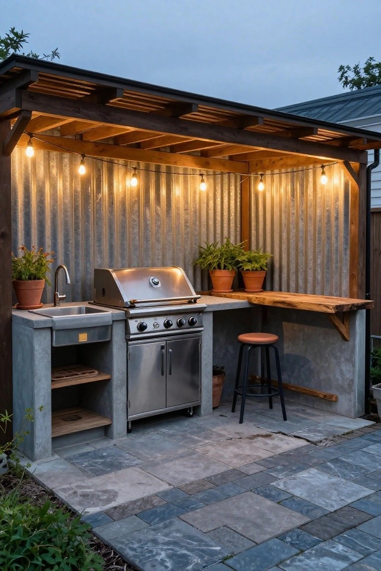 Outdoor kitchen under a wooden pergola with corrugated metal walls, stainless steel grill and sink on concrete counters, wooden bar top, bar stool, potted plants, string lights, and paved stone patio.