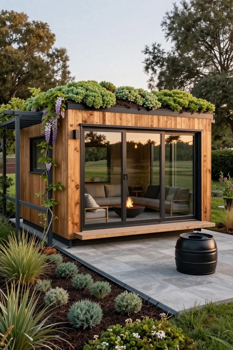 Wooden prefab tiny house with sedum green roof, black metal pergola draped in purple wisteria, large sliding glass doors showing gray sofa and fire bowl inside, on gray stone patio amid grasses and low shrubs.