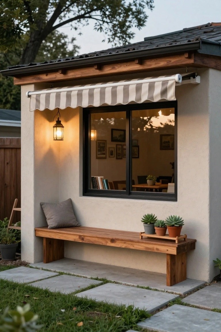 Exterior stucco wall of a house with black-framed sliding window, wooden bench built below it holding potted succulents and a gray cushion, striped retractable awning above the window, hanging lantern light beside it, and concrete pavers in the foreground.