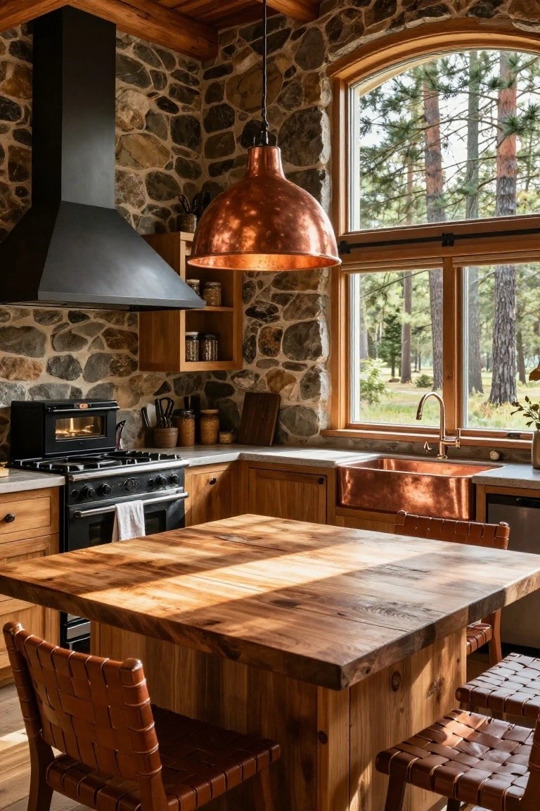 Log cabin kitchen with textured stone walls, wooden cabinets and island table, hammered copper sink and pendant light, black range, and large arched window overlooking pine trees and meadow.