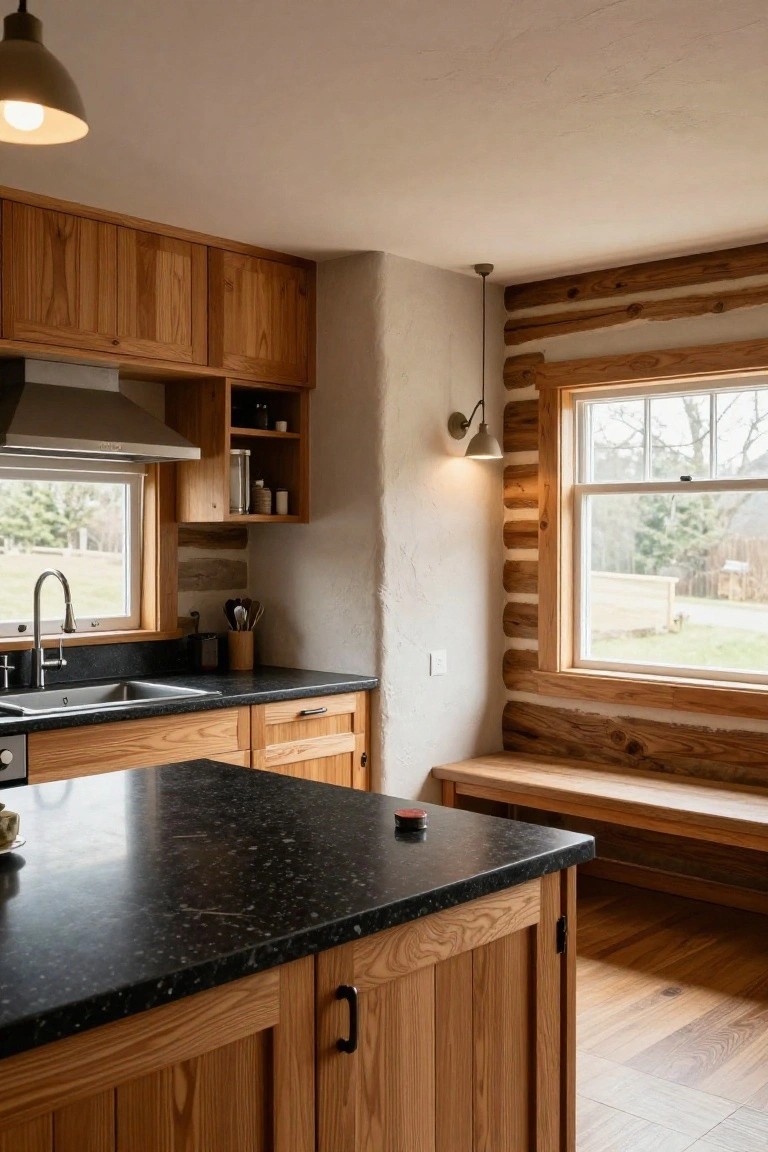 Log cabin kitchen with light oak cabinets, black speckled granite countertops, stainless farmhouse sink, wooden island and bench, log walls, and large windows showing fields outside.