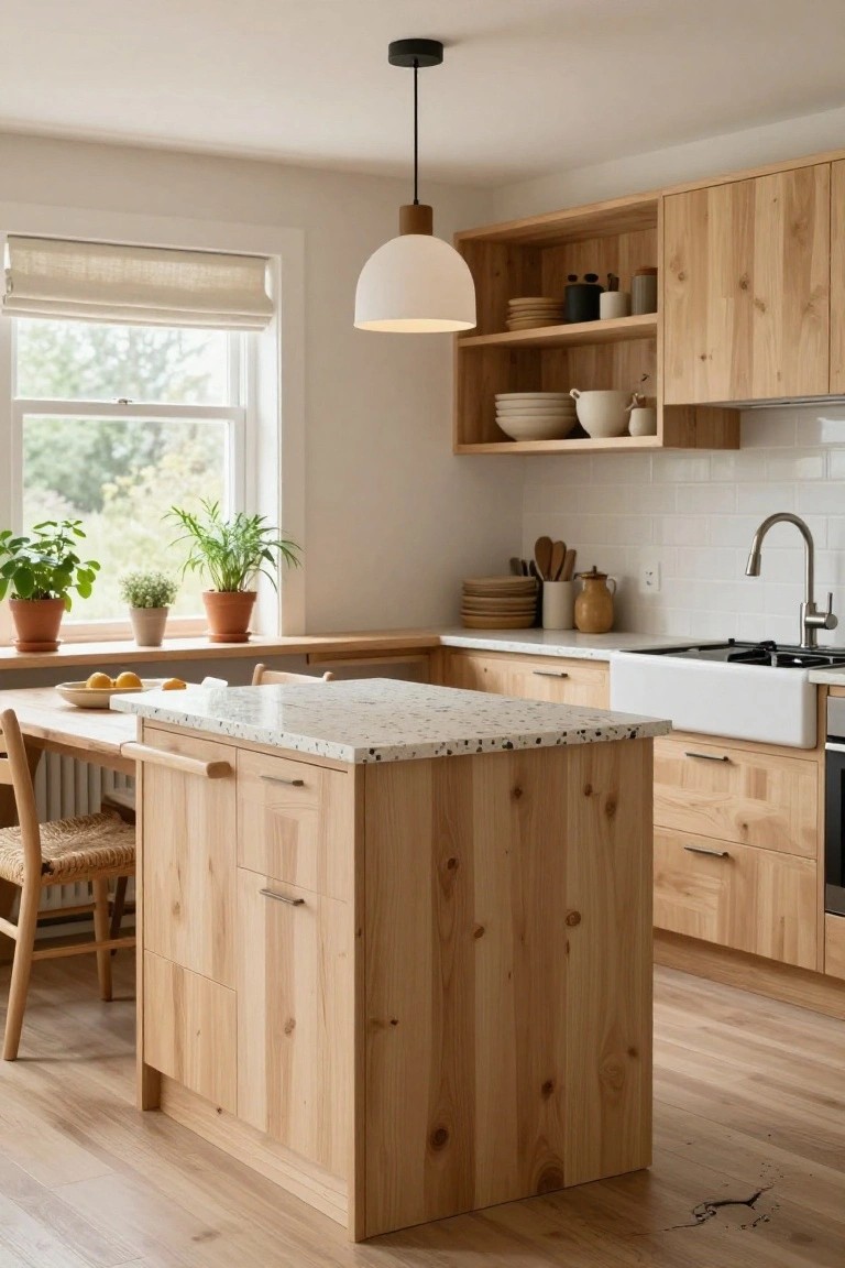 Modern light wood kitchen with speckled island, pendant light, and farmhouse sink.