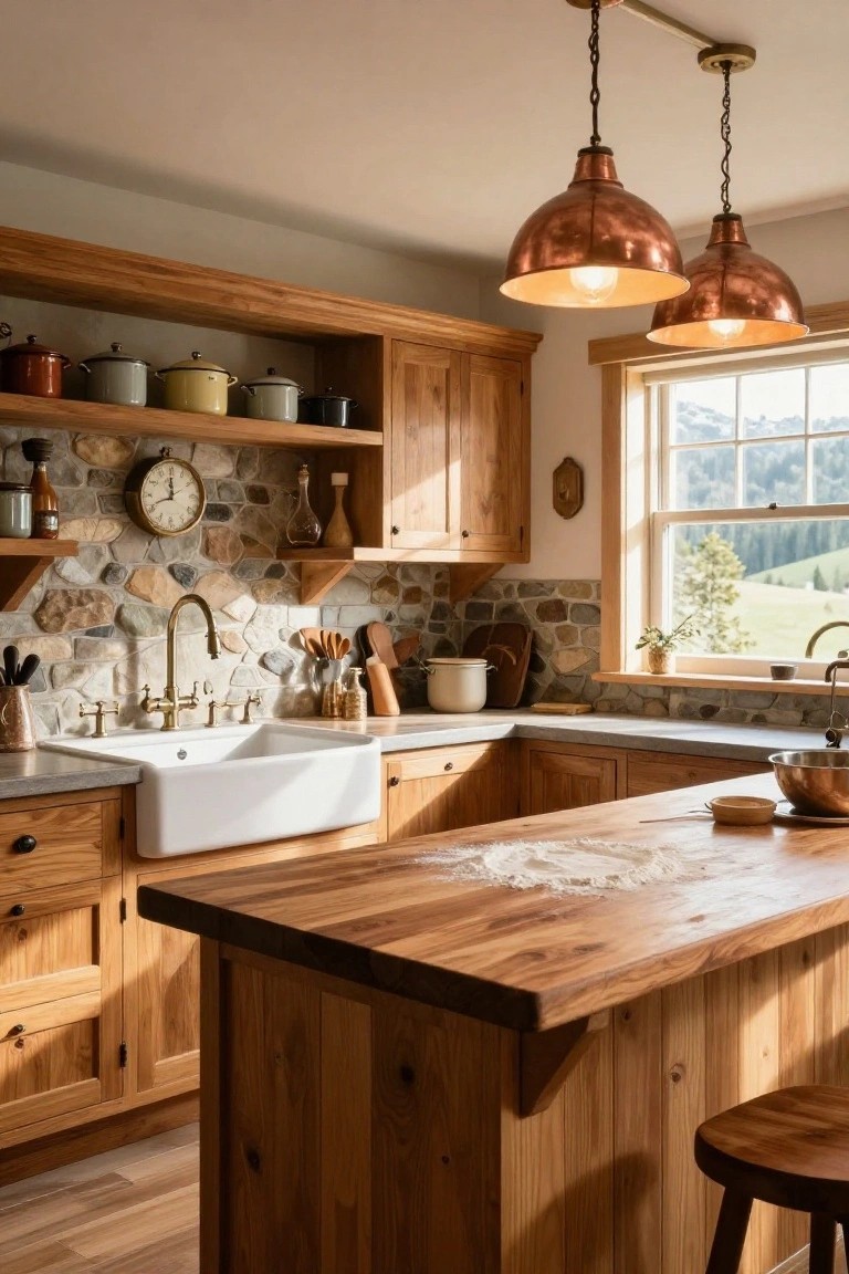 Log cabin kitchen with warm wooden cabinets and island, white farmhouse sink, irregular pebble stone backsplash, copper pendant lights, assorted cookware on open shelves, and mountain view through window.