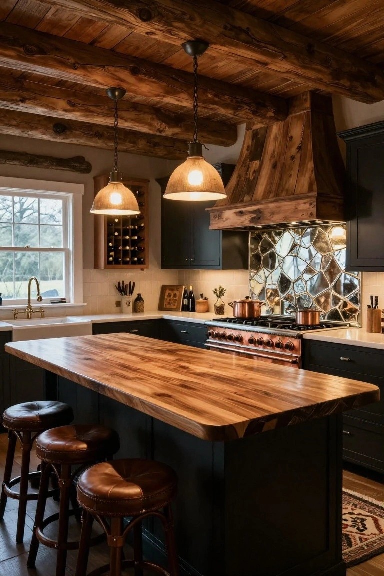 Log cabin kitchen with exposed wood beam ceiling, large wooden range hood over copper gas range, dark cabinets, geometric mirrored backsplash, wood-topped island with leather bar stools, farmhouse sink, and pendant lights.