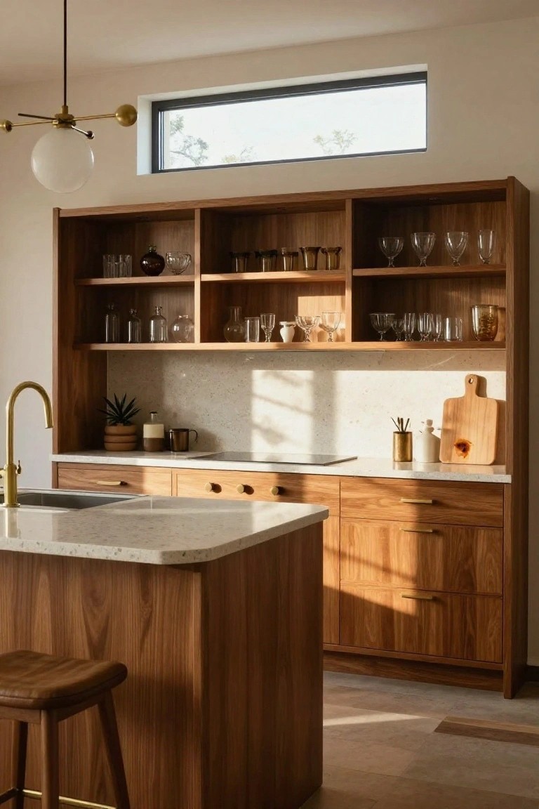 Kitchen interior with tall walnut wood cabinets and open shelves displaying glassware, a brass gooseneck faucet over a white sink on a wood base, white quartz island, and a leather bar stool.