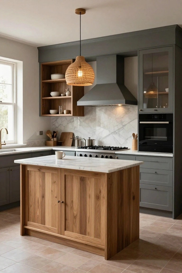 Modern kitchen with central oak-fronted island topped in white marble, gray shaker-style cabinets, white marble backsplash, gas cooktop, rattan pendant light, and window on one side.