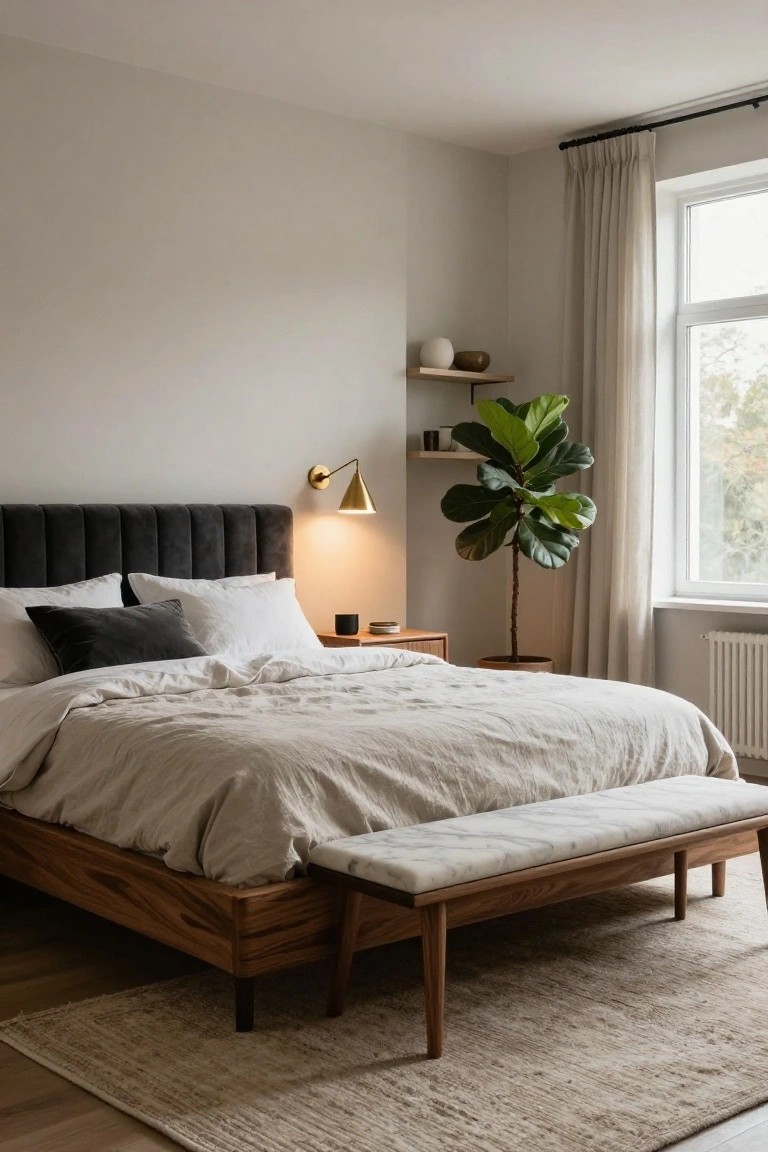 Modern bedroom with low wooden bed frame, tufted charcoal gray velvet headboard, light beige linens, wooden bench with white marble top at foot of bed, large potted fiddle leaf fig plant by window, brass wall lamp, and neutral rug on wood floor.