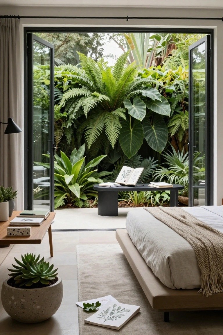 Modern bedroom interior with low platform bed draped in beige linens, open black-framed bi-fold doors to lush tropical garden of ferns and palms, black round side table with open books, potted succulents, and neutral rug on tiled floor.