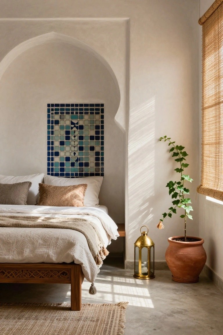 A sunlit bedroom interior with white plaster walls and an arched niche featuring a blue and white mosaic tile panel, low wooden bed with white sheets beige pillows and throw blanket, gold metal lantern, ivy plant in terracotta pot, bamboo window blinds, and seagrass rug on concrete floor.