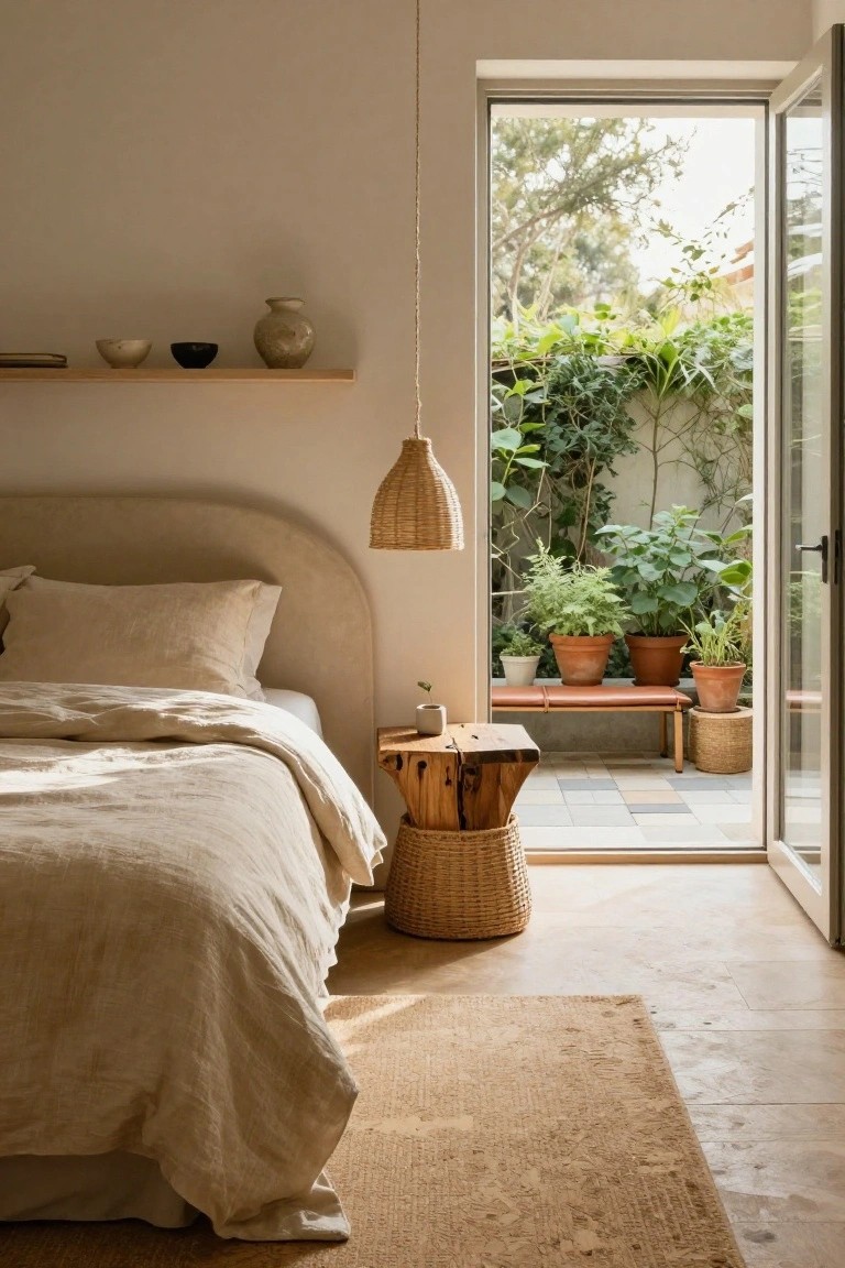 Beige bedroom interior featuring a curved upholstered headboard bed with white linens, rattan pendant light, wooden stool side table with basket, floating wooden shelf with ceramics, and open glass doors revealing a plant-filled outdoor patio with bench and pots.