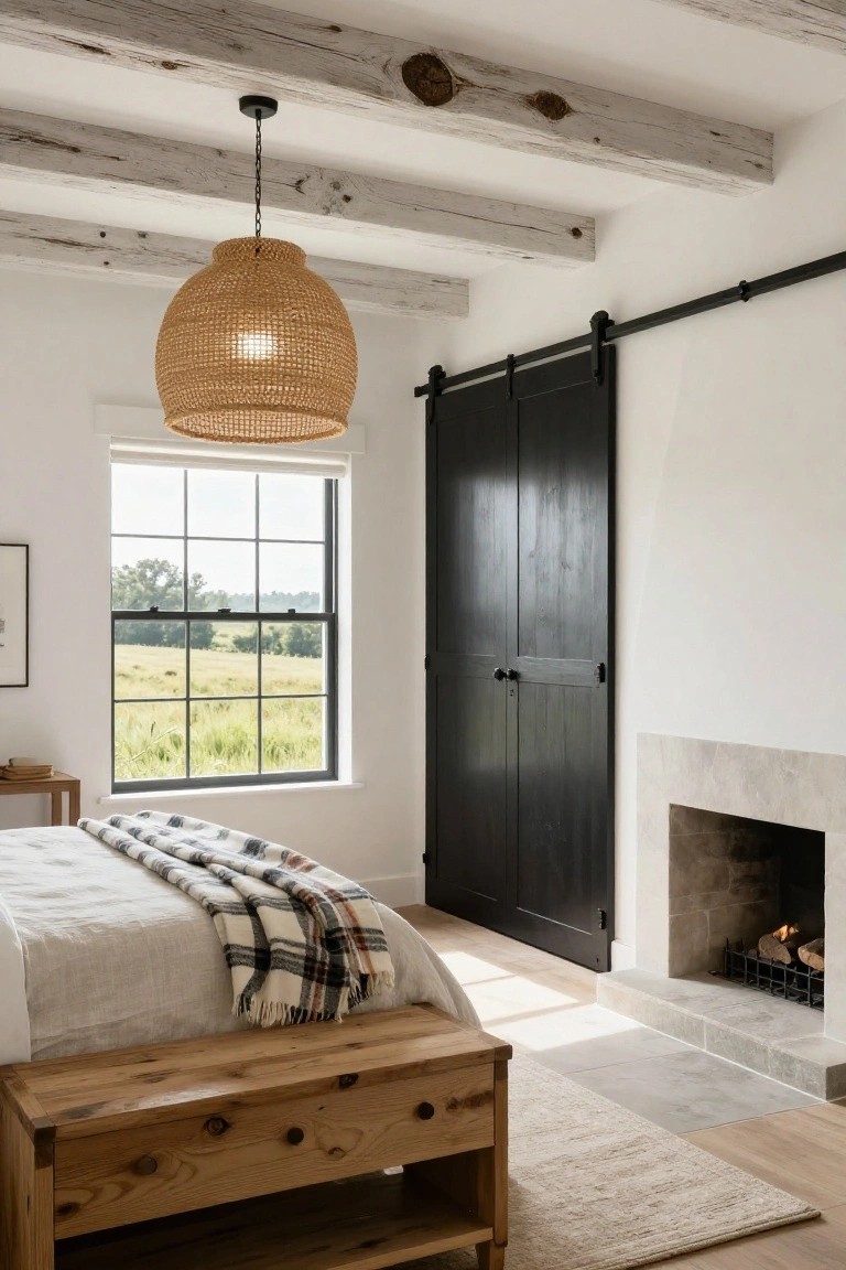 White bedroom with exposed wood beam ceiling, rattan pendant light, black sliding barn door, bed draped in plaid blanket, wooden bench, stone fireplace with fire, and large window showing fields outside.