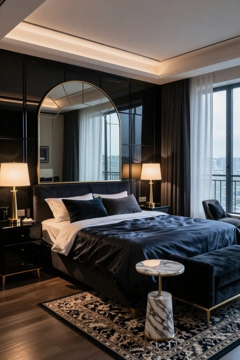 Modern bedroom with black lacquered wall panels, large gold-framed arched mirror, velvet upholstered bed with navy satin sheets and white pillows, gold lamps on black nightstands, marble side table, velvet bench, rug, and windows showing city view.