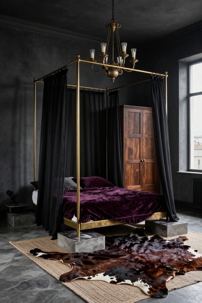 Dark-toned bedroom interior with brass four-poster bed draped in black fabric over purple velvet bedding, wooden wardrobe, brass chandelier, cowhide rug on concrete floor, and large window.