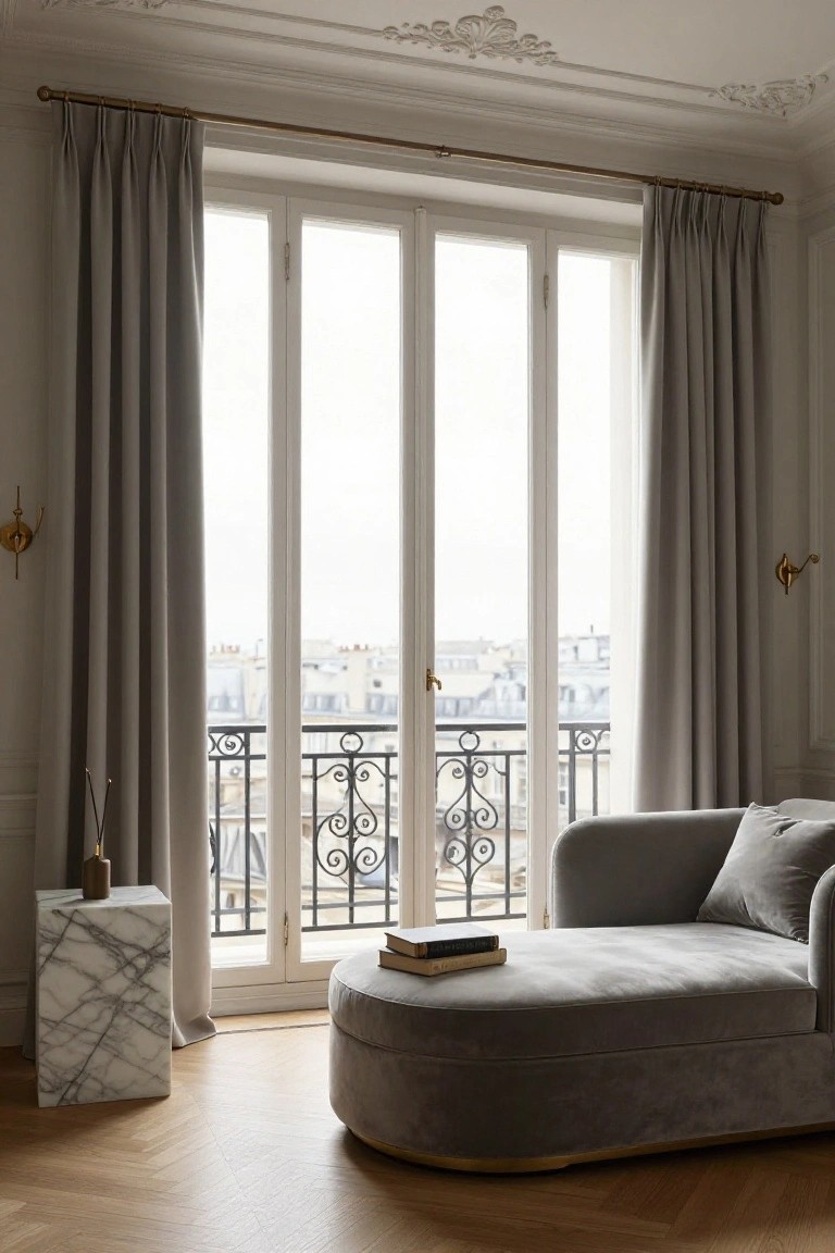 Gray velvet curved chaise lounge with footstool positioned next to large open French doors draped in pleated gray curtains, overlooking a wrought-iron balcony in a room with marble side table, herringbone parquet floor, and ornate ceiling moldings.