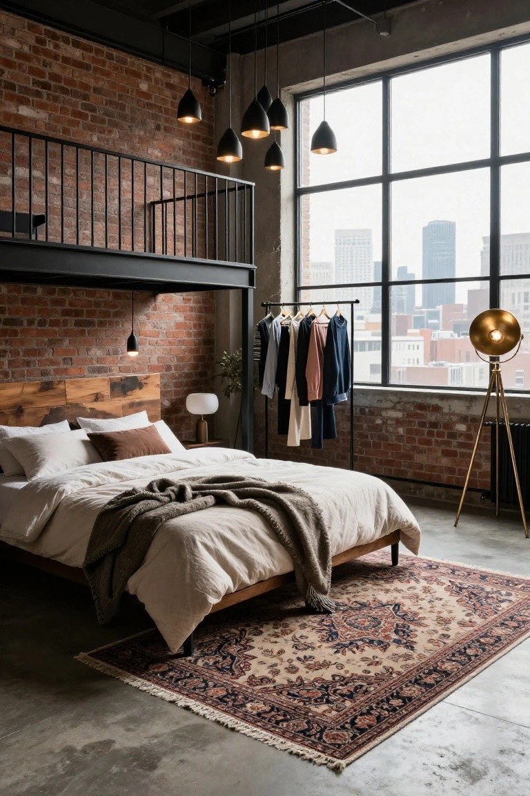 A loft bedroom with exposed brick walls, black metal mezzanine railing, wooden headboard bed draped in white linens and gray throw, clothing rack nearby, large windows showing city skyline, gold floor lamp, and ornate rug on concrete floor.