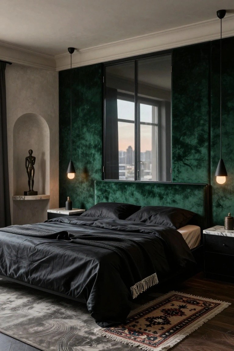 Modern bedroom interior with emerald green textured walls, matching green velvet headboard, black bedding on platform bed, marble nightstands, bronze decor, and large window with city skyline view.
