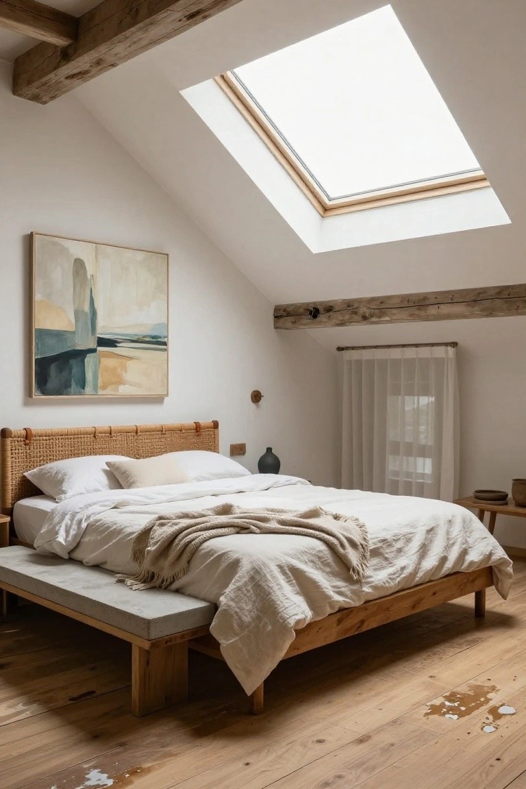 Attic bedroom with vaulted white ceiling featuring exposed wooden beams, a large skylight, rattan headboard on a low wooden platform bed with concrete bench footboard, neutral linens, abstract wall art, sheer curtains on a side window, and hardwood floors with water spots.