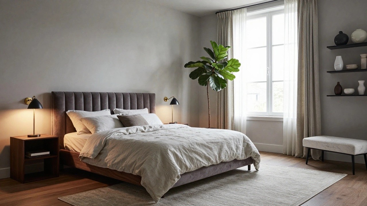 Modern bedroom with low wooden bed frame, tufted charcoal gray velvet headboard, light beige linens, wooden bench with white marble top at foot of bed, large potted fiddle leaf fig plant by window, brass wall lamp, and neutral rug on wood floor.