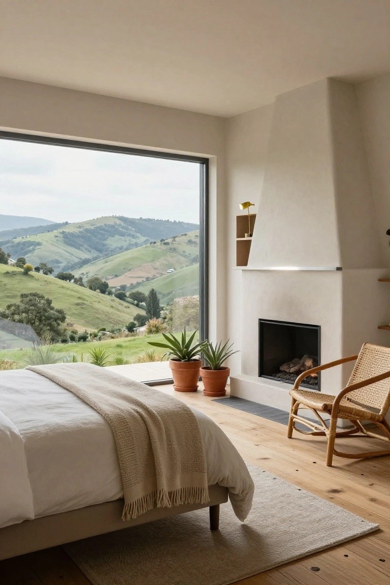 Modern bedroom interior featuring a white bed with beige throw, two potted plants, rattan armchair, stucco fireplace with fire lit, wooden floors, and a large floor-to-ceiling window showing green rolling hills and distant landscape.
