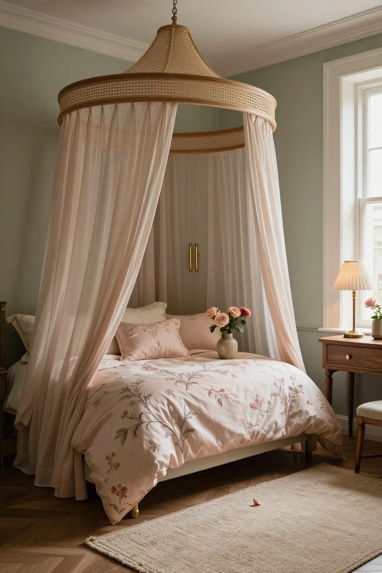 Bedroom interior with a queen bed under a large circular rattan canopy frame draped in sheer white fabric, pink floral duvet and pillows, sage green walls, wooden desk with lamp and vase of roses, and beige rug on hardwood floor.