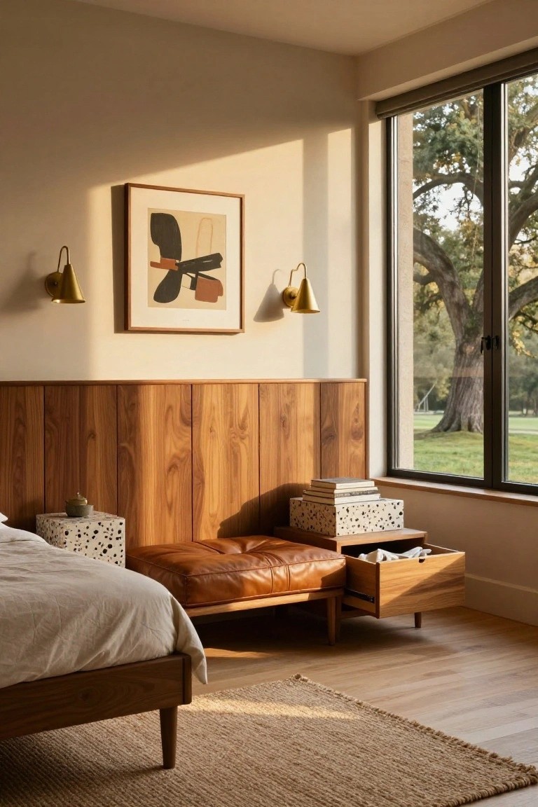 A modern bedroom with a low wooden bed against a vertical wood-paneled wall, brass sconces flanking an abstract print, a leather-upholstered bench at the foot, nightstands with stacked boxes and a plant, and a large window showing trees outside.