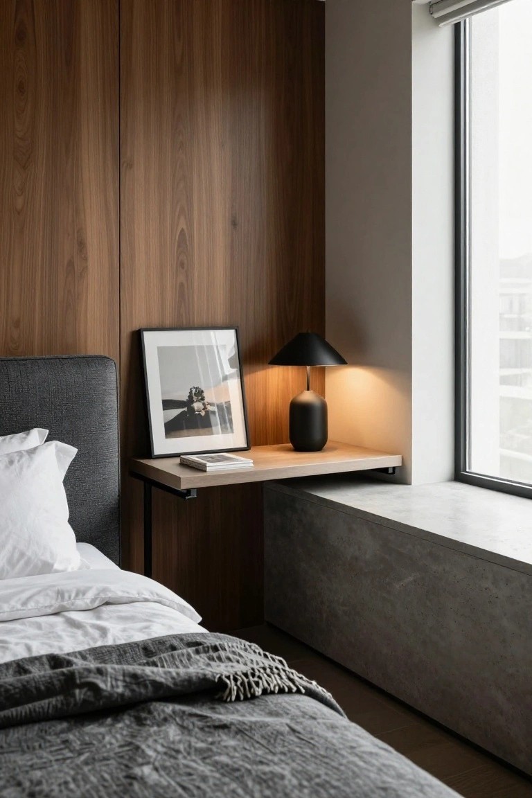 Corner view of a modern bedroom with vertical dark wood paneling on walls, gray upholstered headboard, white bedding with gray throw, floating wooden shelf holding a book and black lamp next to a framed photo, and large window with concrete sill.