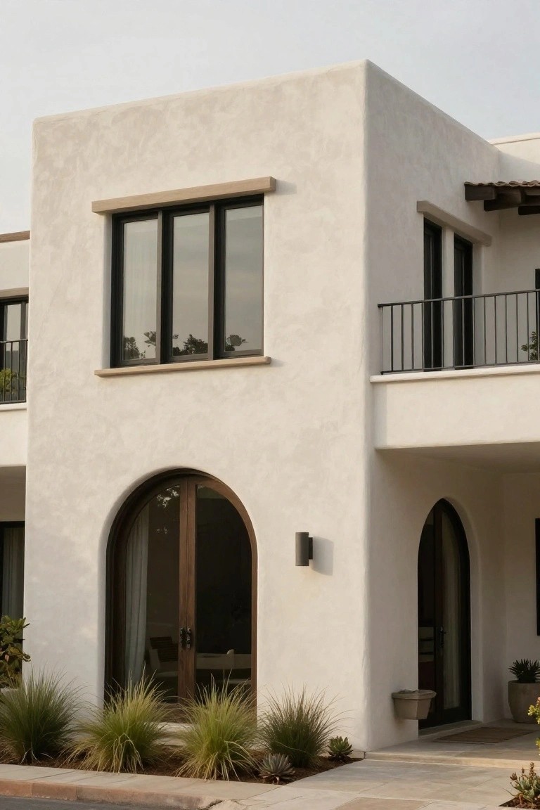Modern stucco home with arched doorways, tall windows, and balcony.