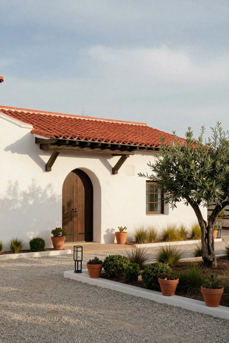 White stucco house with red barrel tile roof, dark wooden arched entry door, overhanging wooden beam, gravel driveway edged in white, potted plants, and olive tree.