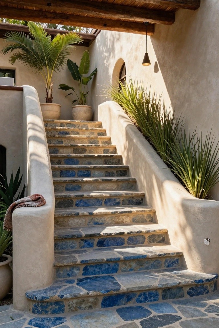 Outdoor staircase with curved beige stucco walls, wide steps made of irregular beige and gray flagstone mixed with blue stone slabs, potted palms and agave plants along the sides, wooden beamed ceiling overhead, and a hanging cone-shaped light fixture.